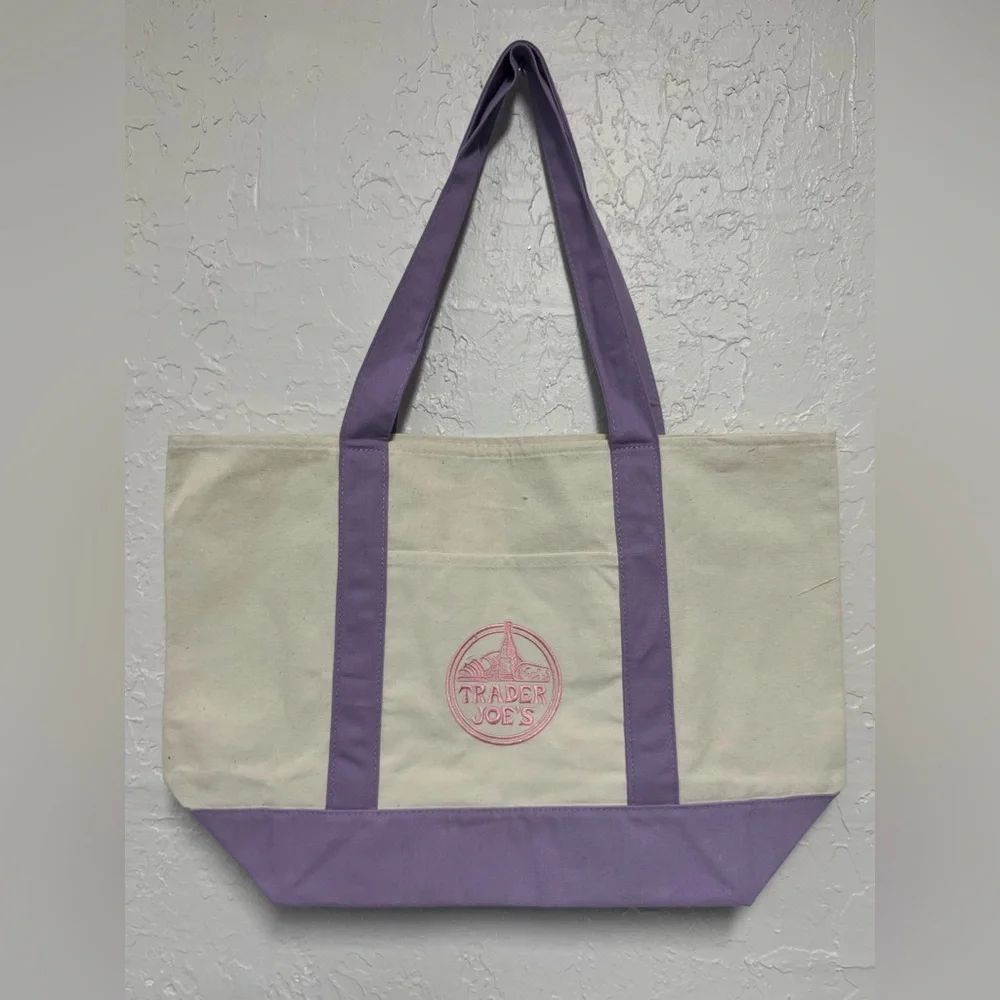 Trader Joe's Cream Lavender Purple LARGE Canvas Tote - Picture 5 of 5